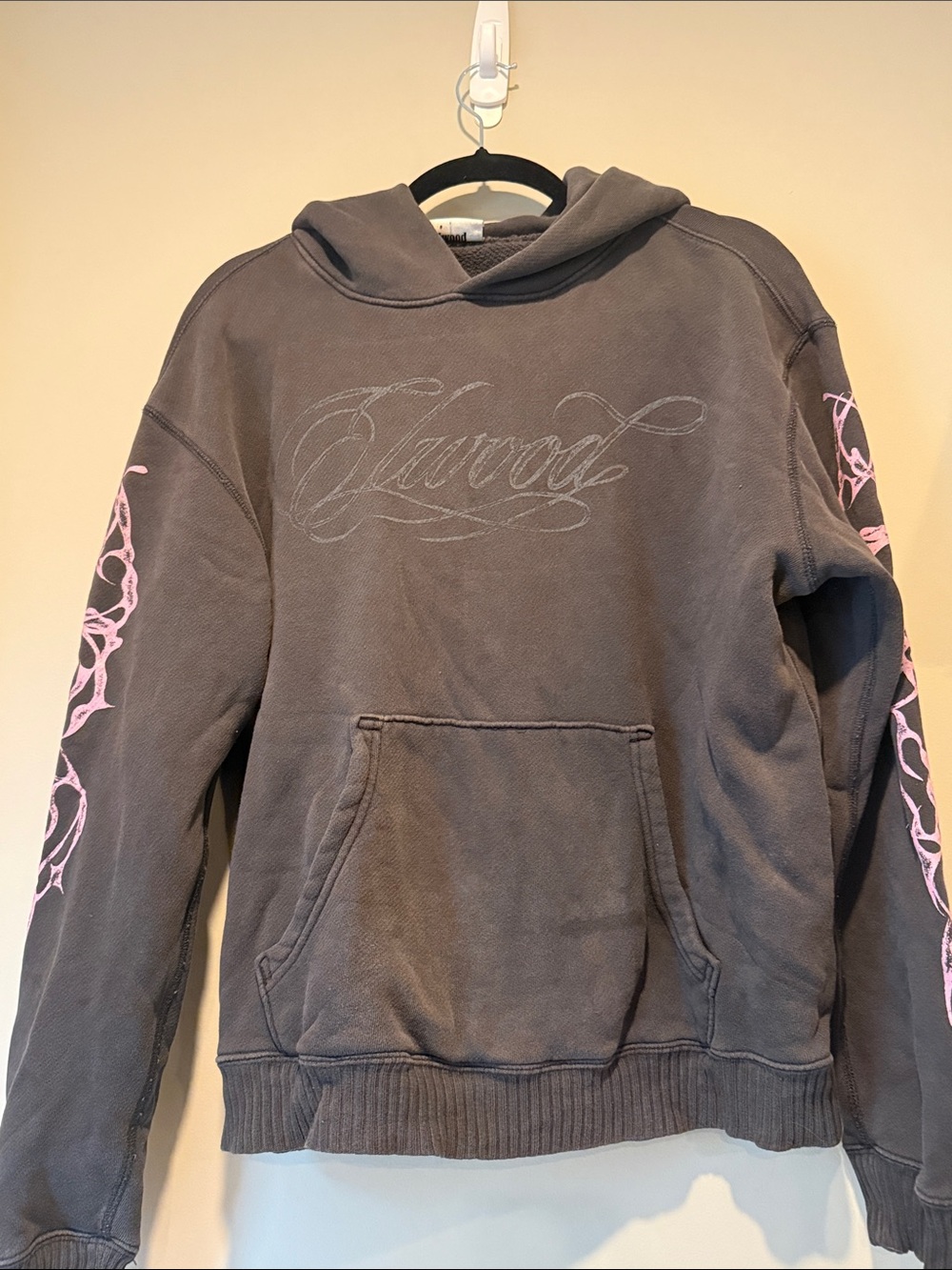 Women's Charcoal Crewneck Hoodie with Pink Sleeve Graphics
